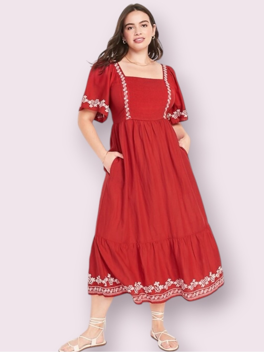 Old Navy Fit Flare Short-Sleeve Tie-Back Midi Dress Embroidered Square Neck XXL